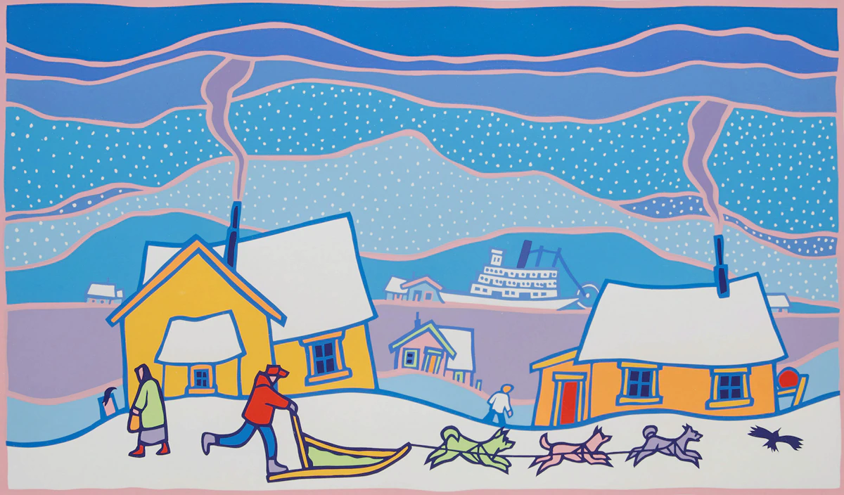 Ted Harrison, Yukon Visit, colour serigraph, 1990