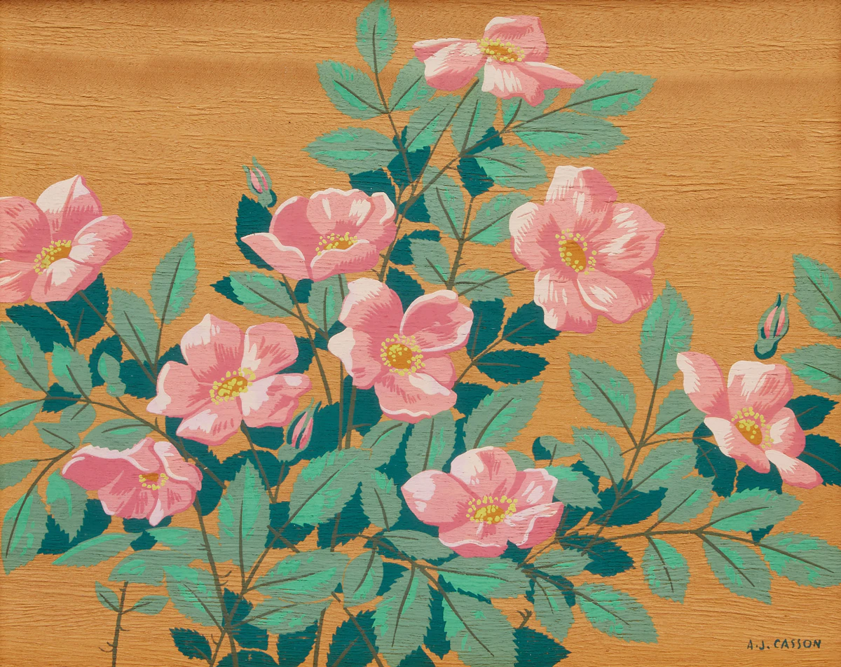 Alfred Joseph Casson, Early Wild Roses; Hepatica; Marsh Marigold; White Baneberry, four silkscreens on wood veneer