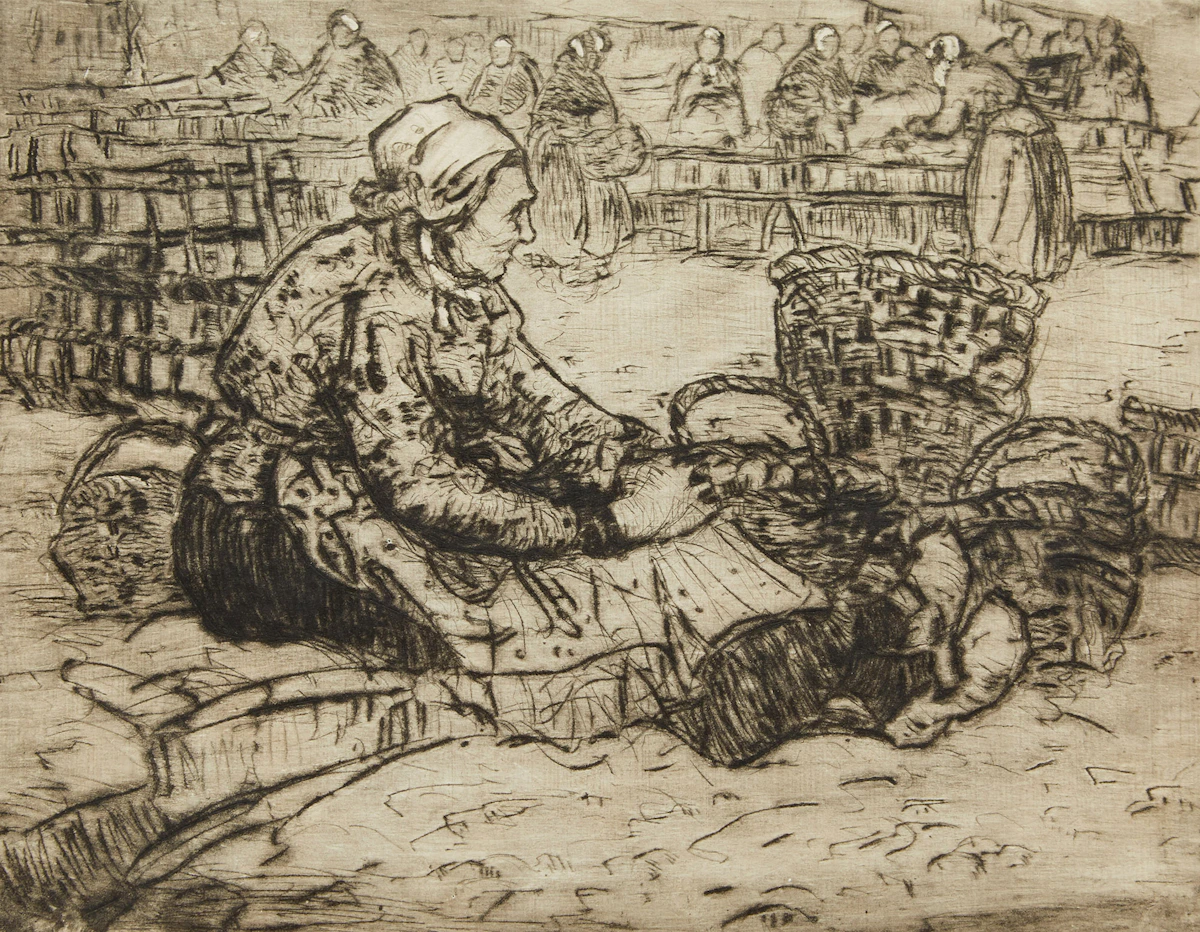 Manly Edward MacDonald, The Market Place, Chartres; Study for “The Market Place”, etching and pencil drawing