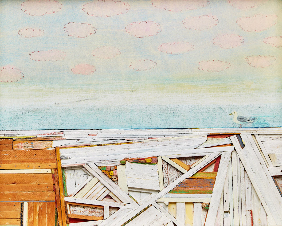 Alexander John Wyse, Seagull Atop of Beach Construction, crayon on wood, 1971