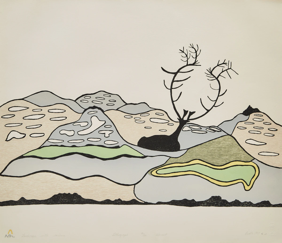 Pudlo Pudlat, Landscape with Caribou, colour lilthograph, 1977