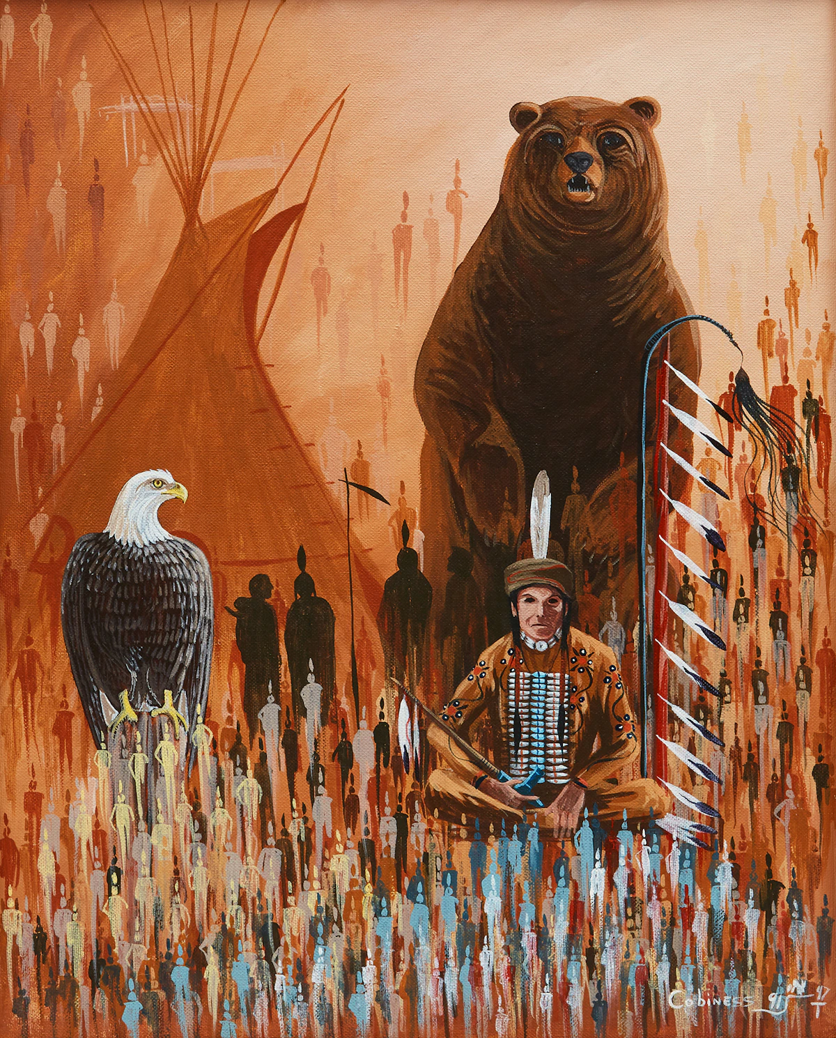 Eddy Cobiness, Man, Bear and Eagle, acrylic on canvas board, 1991