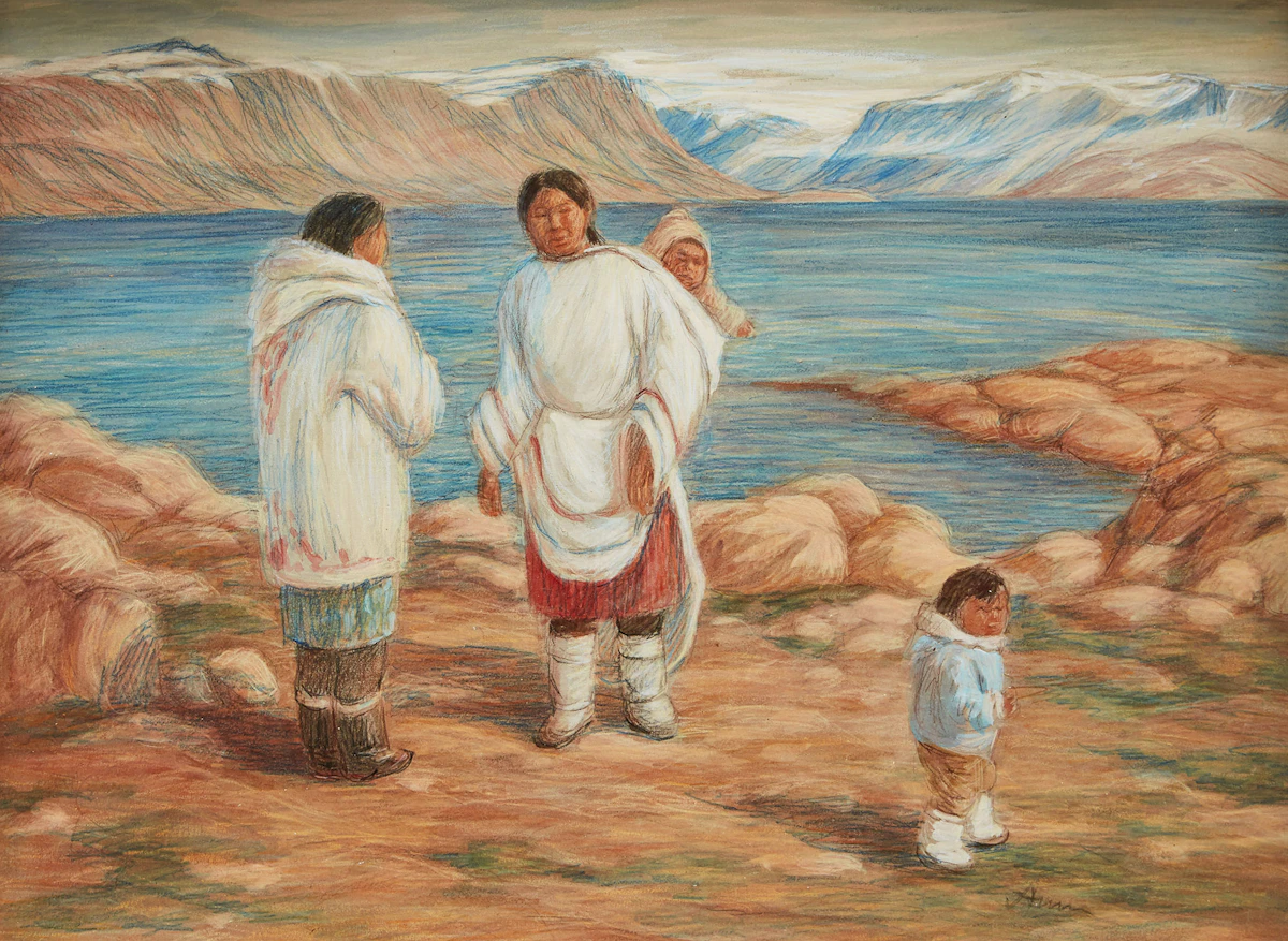 Anna Noeh, Women on the Beach in Pangnirtung, crayon and gouache on paper