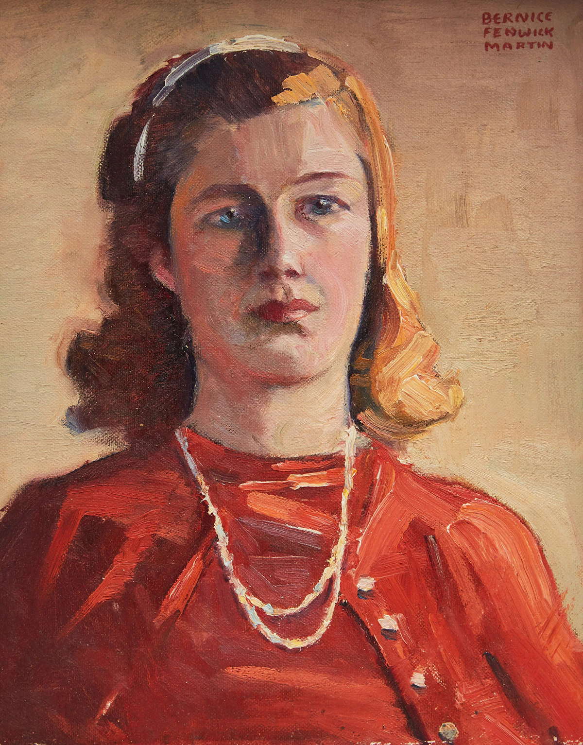Bernice Fenwick Martin, Young Girl in Red, oil on board