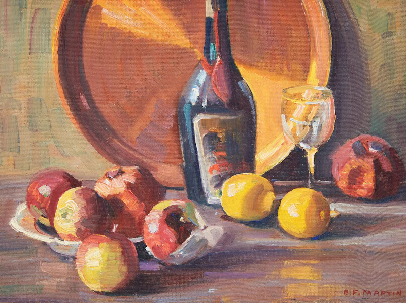 Bernice Fenwick Martin, Brass Tray and Fruit, oil on board