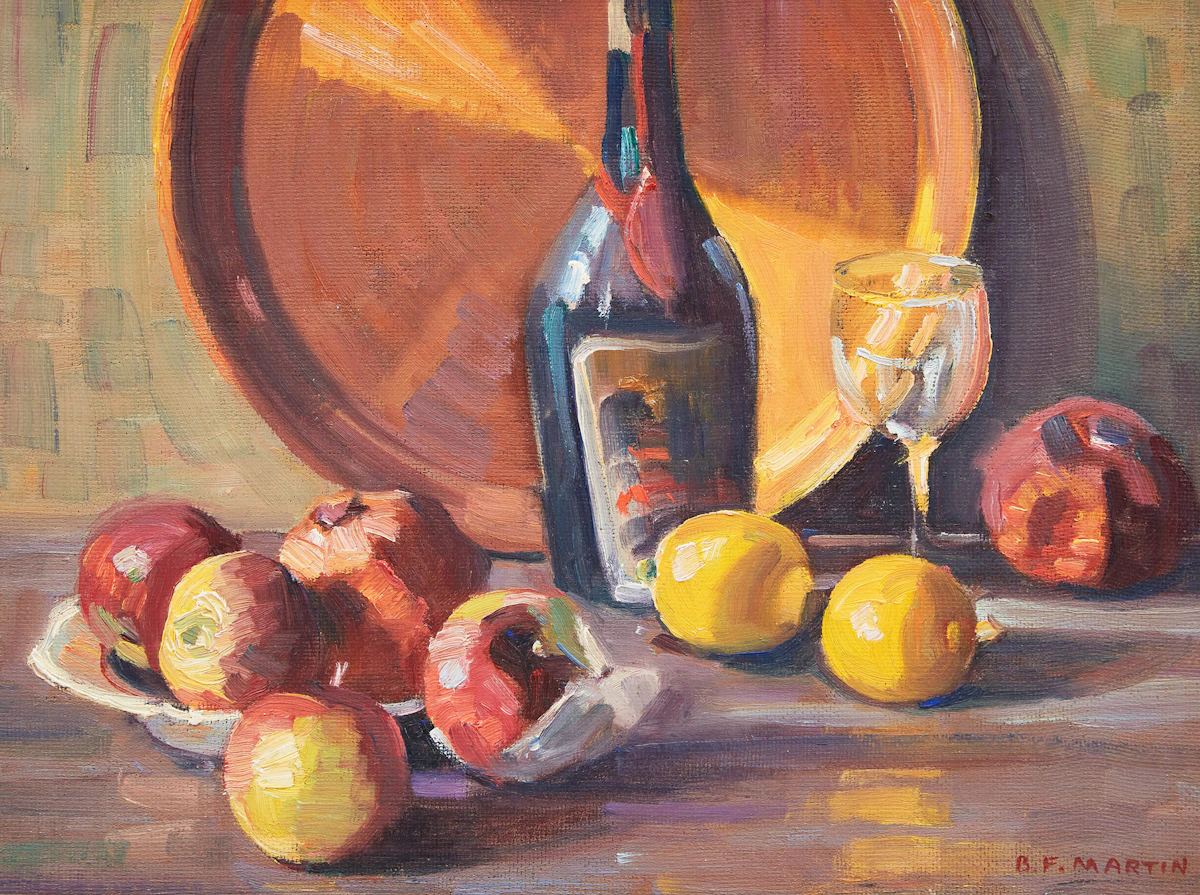 Bernice Fenwick Martin, Brass Tray and Fruit, oil on board