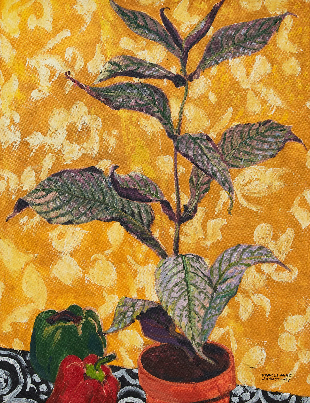Frances Anne Johnston, Plant and Peppers, oil on canvas board