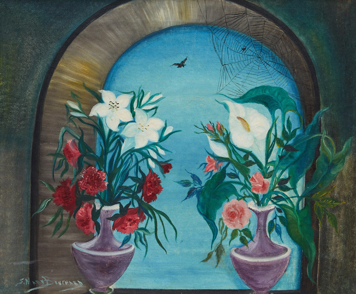 Simone-Mary Bouchard, Les deux vases aux fleurs avec araignée, oil on canvas