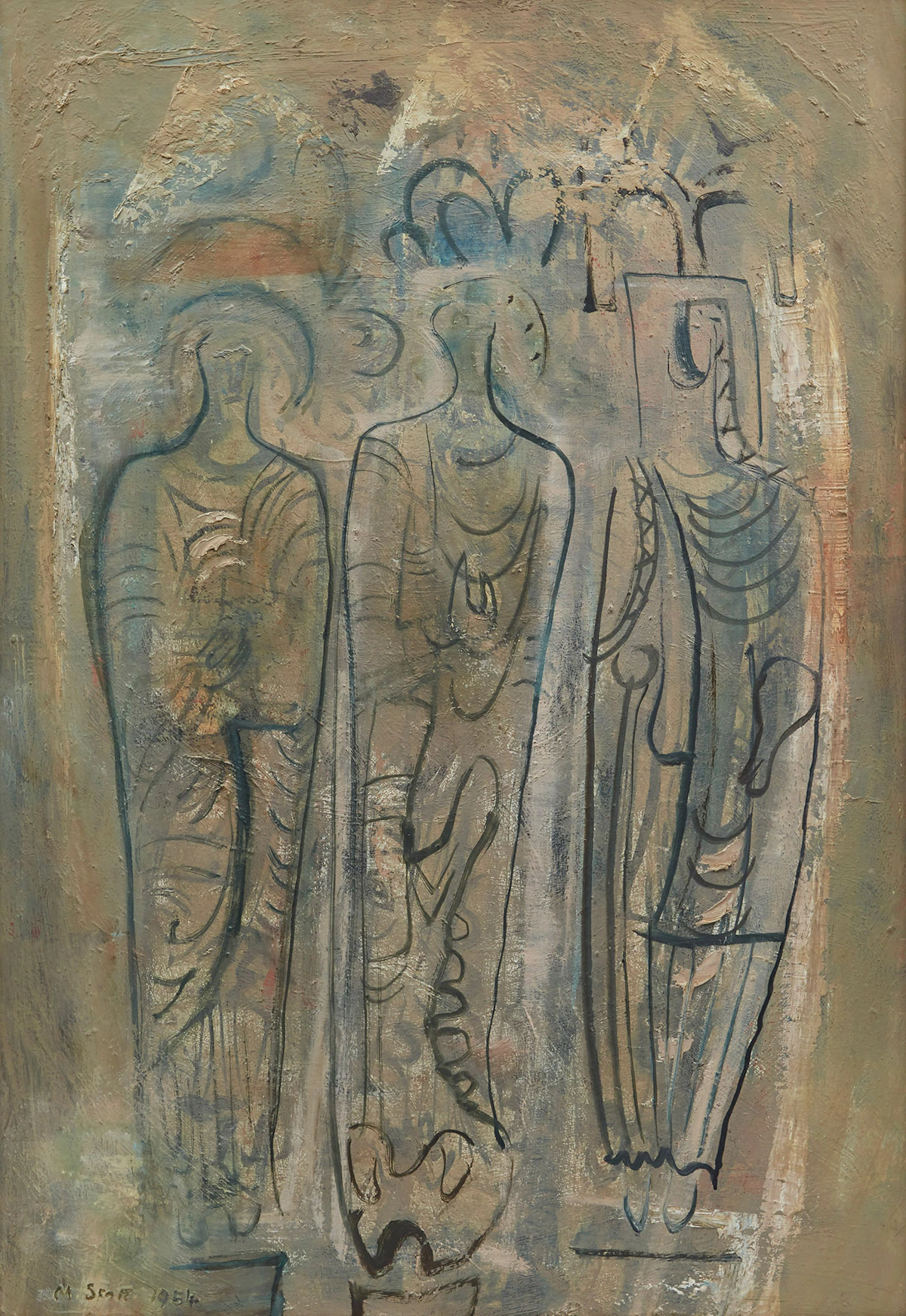 Marian Mildred Dale Scott, Facade with Three Figures, oil on board, 1954