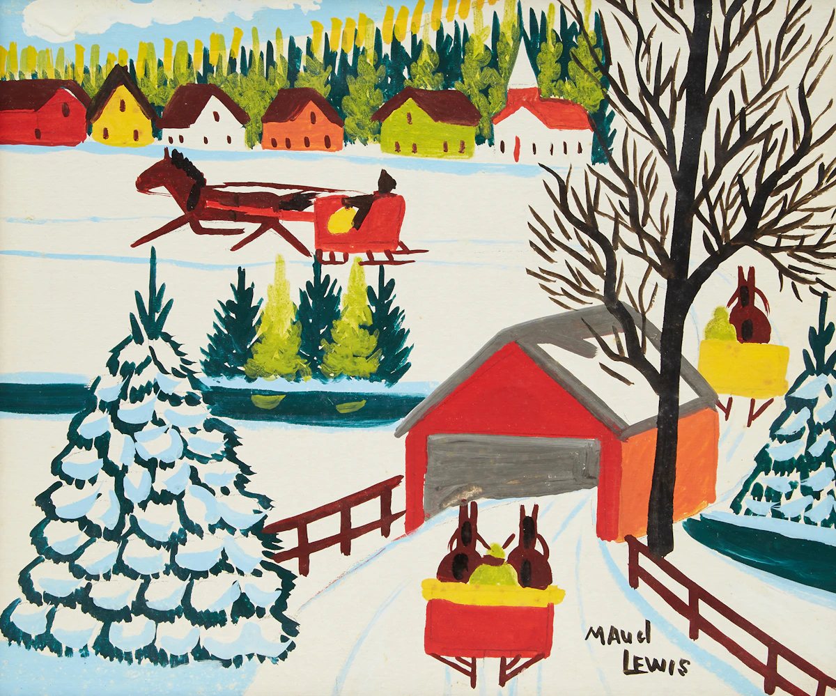Maud Lewis, Sleigh and a Covered Bridge in Winter , mixed media on board, 1965