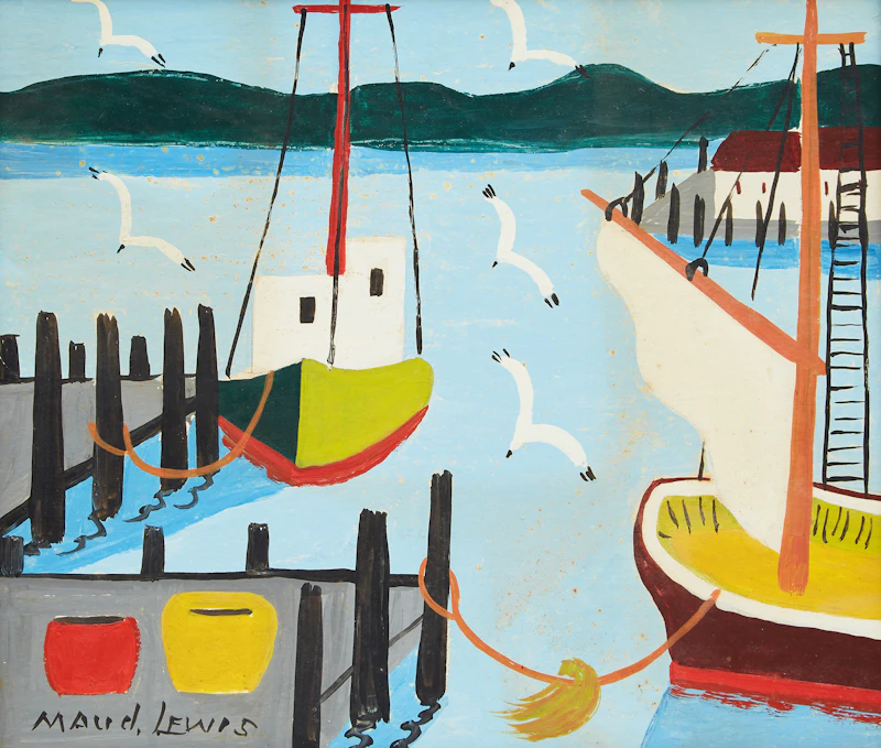Maud Lewis, Boats at a Wharf, mixed media on board