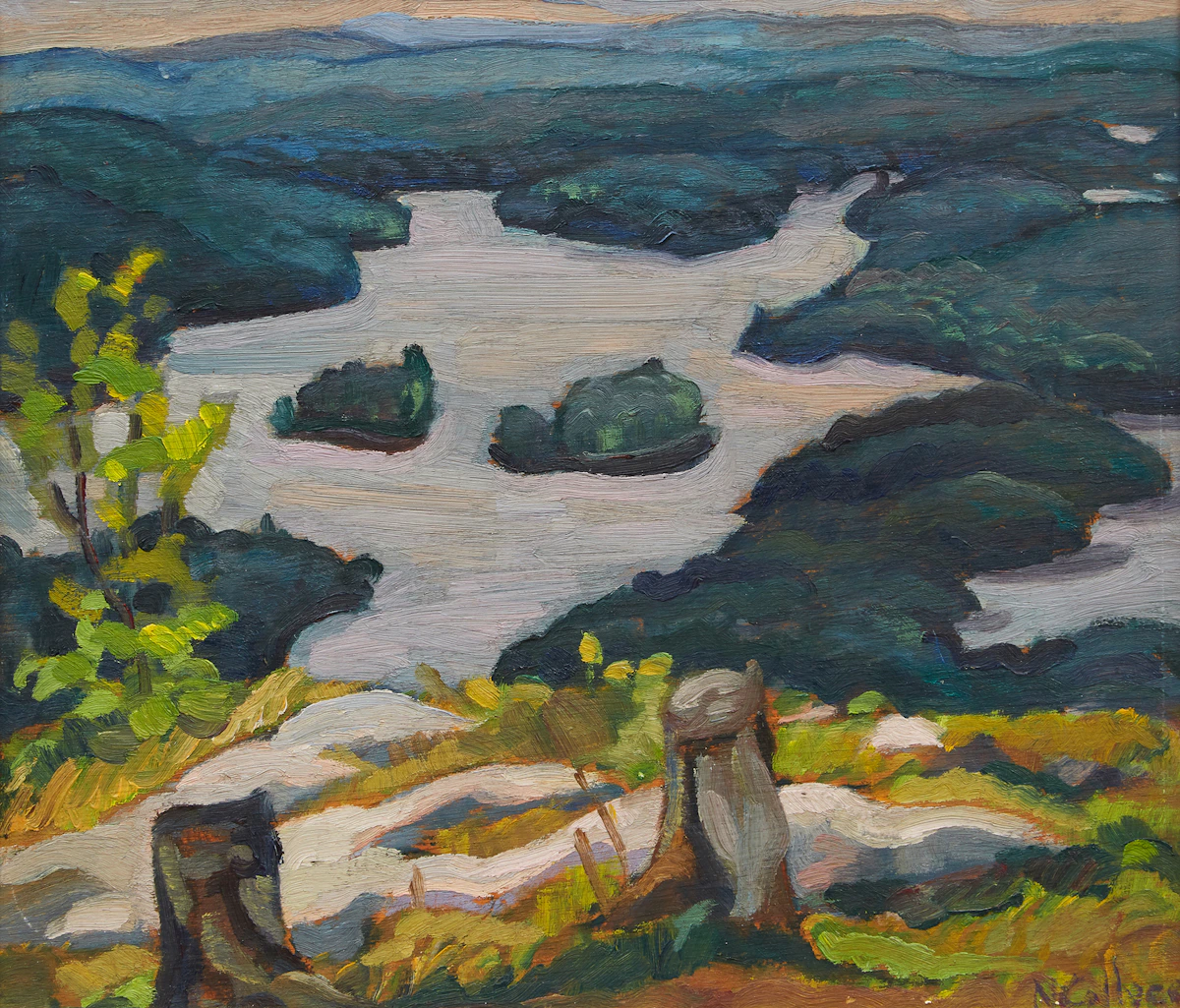 Nora Frances Elisabeth Collyer, Sixteen Island Lake from Savage’s Mountain , oil on board, 1945