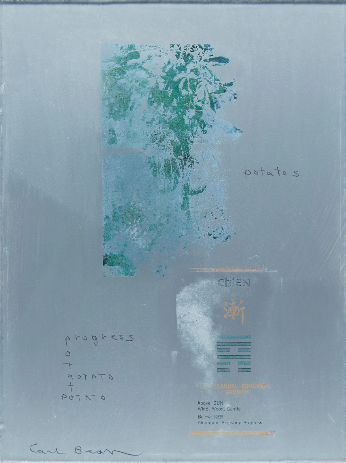 Carl Beam, Potatoes; Sung, Chia Jen, 2 mixed media works on plexiglass