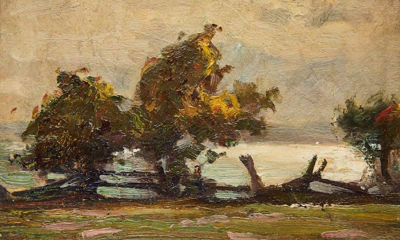 John William Beatty, Landscape with Fence, oil on canvas laid down on board