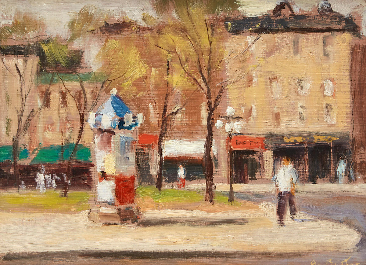Antoine Bittar, Kiosque Publicitaire, Quebec, oil on board, 1997