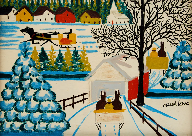 Maud Lewis, Winter Sleighing Scene with Covered Bridge, mixed media on board