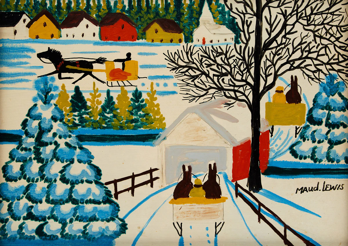 Maud Lewis, Winter Sleighing Scene with Covered Bridge, mixed media on board, circa 1968
