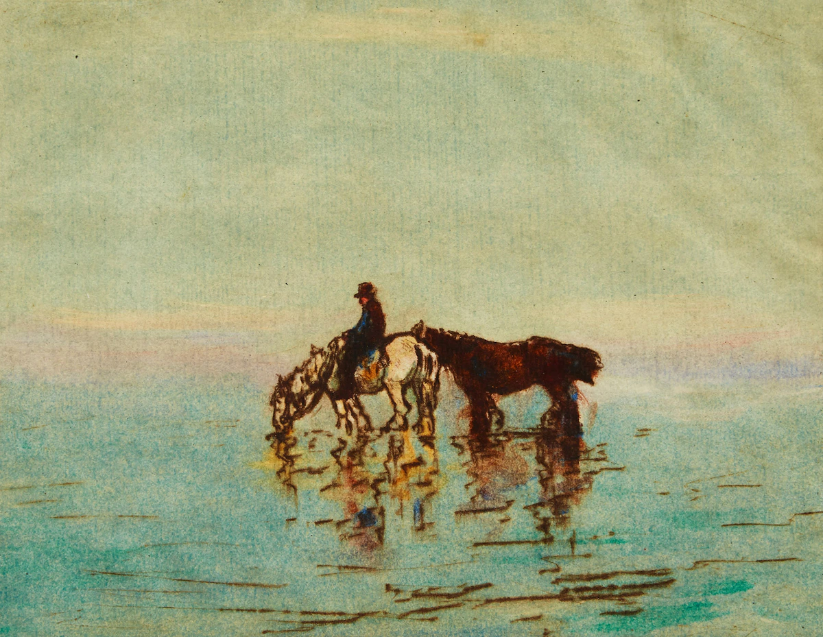 Manly Edward MacDonald, Horses Drinking, etching in colour