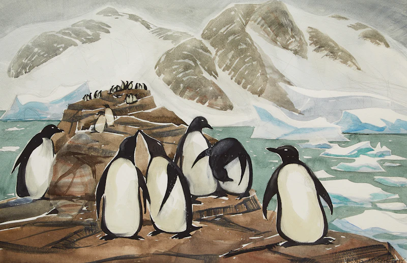 Doris Jean McCarthy, Adélie Penguins in the Antarctic, watercolour