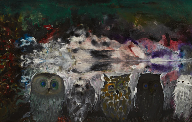 Jack Leonard Shadbolt, Owls in a Northern Landscape , oil on paper