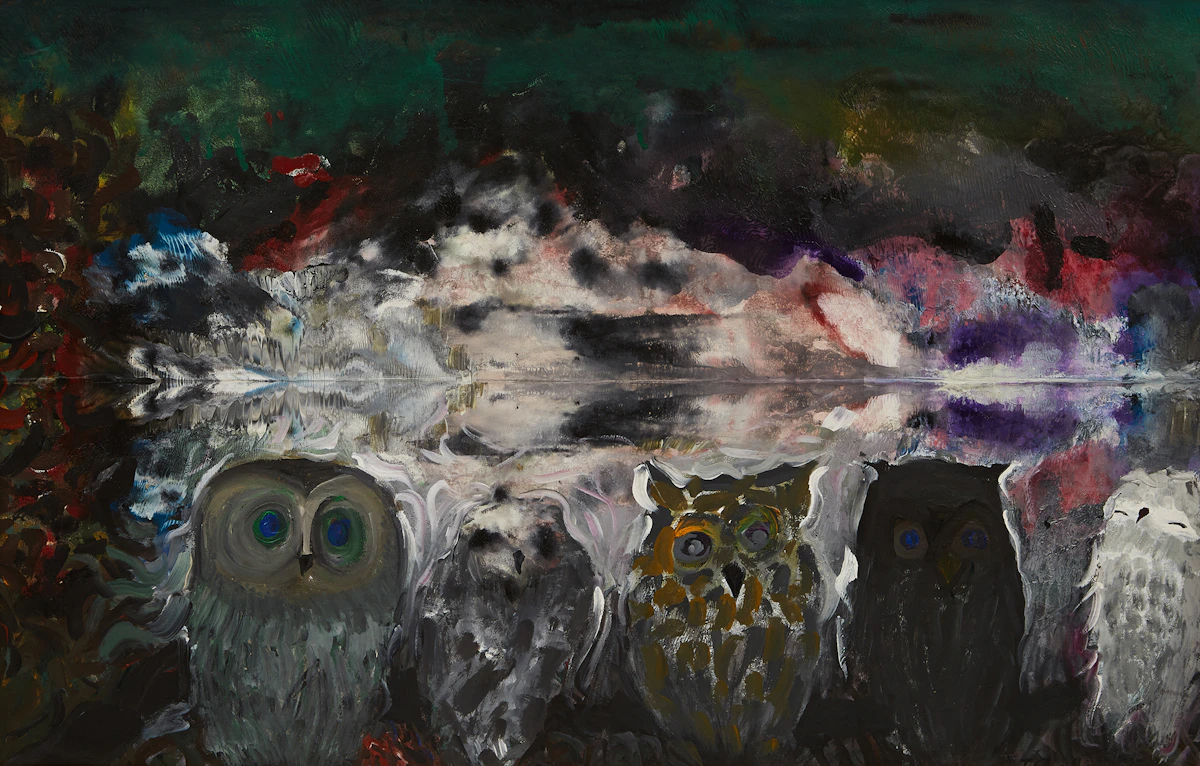 Jack Leonard Shadbolt, Owls in a Northern Landscape , oil on paper, 1976