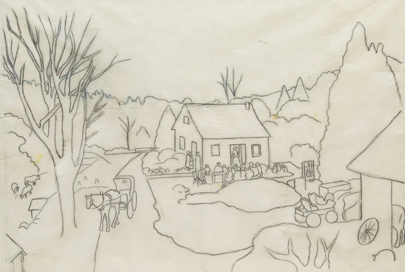 William Kurelek, The Kavanagh Homestead Bancroft, pencil and ink on paper