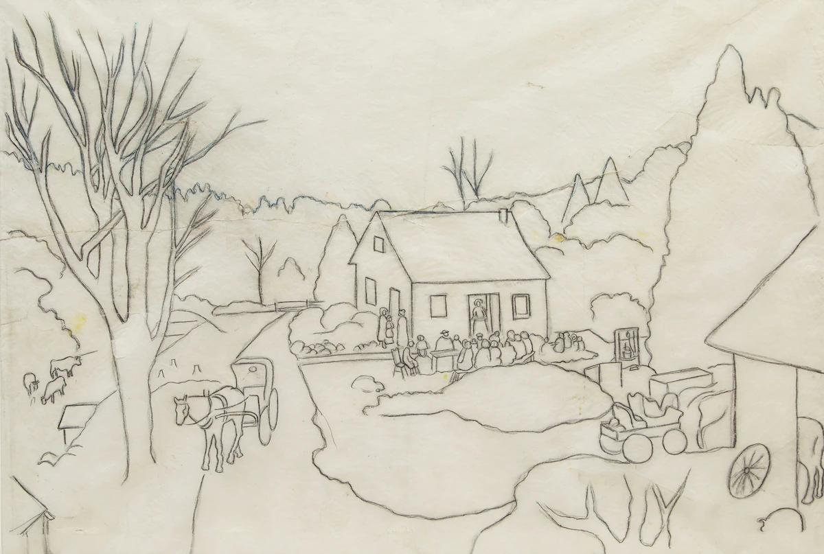 William Kurelek, The Kavanagh Homestead Bancroft, pencil and ink on paper, 1976