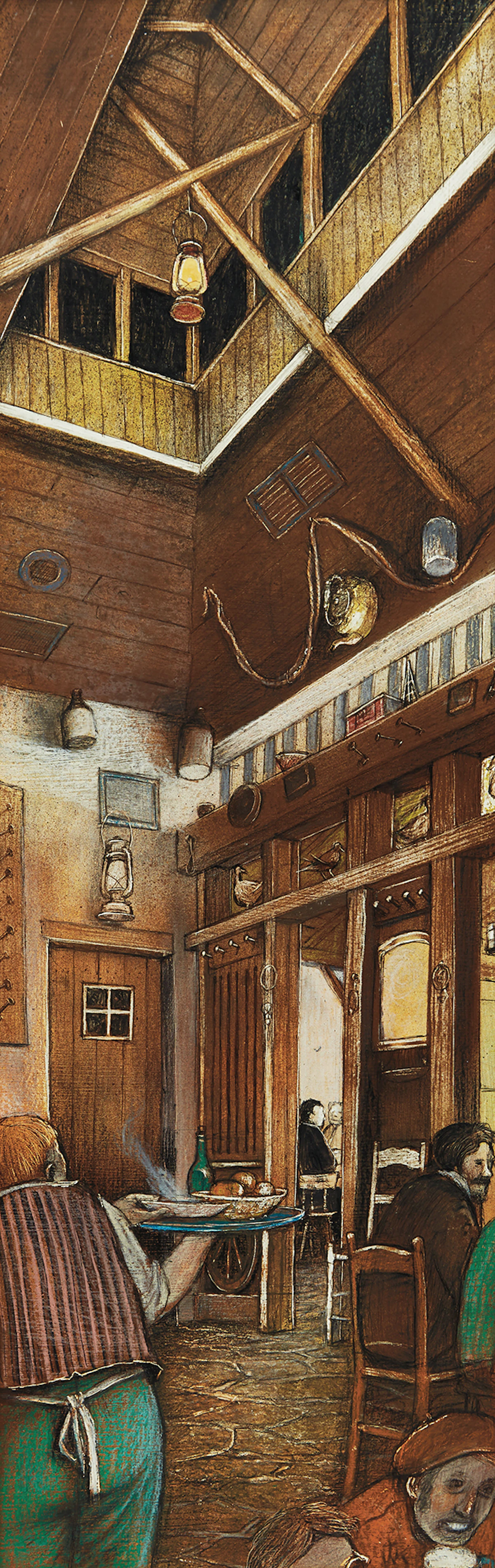 William Kurelek, Le Gobelet, Tavern Restaurant , mixed media on masonite, 1975