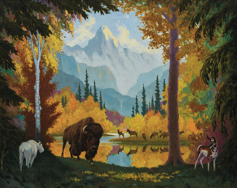 Arthur Henry Howard Heming, Buffalo in Autumn Landscape , oil on canvas