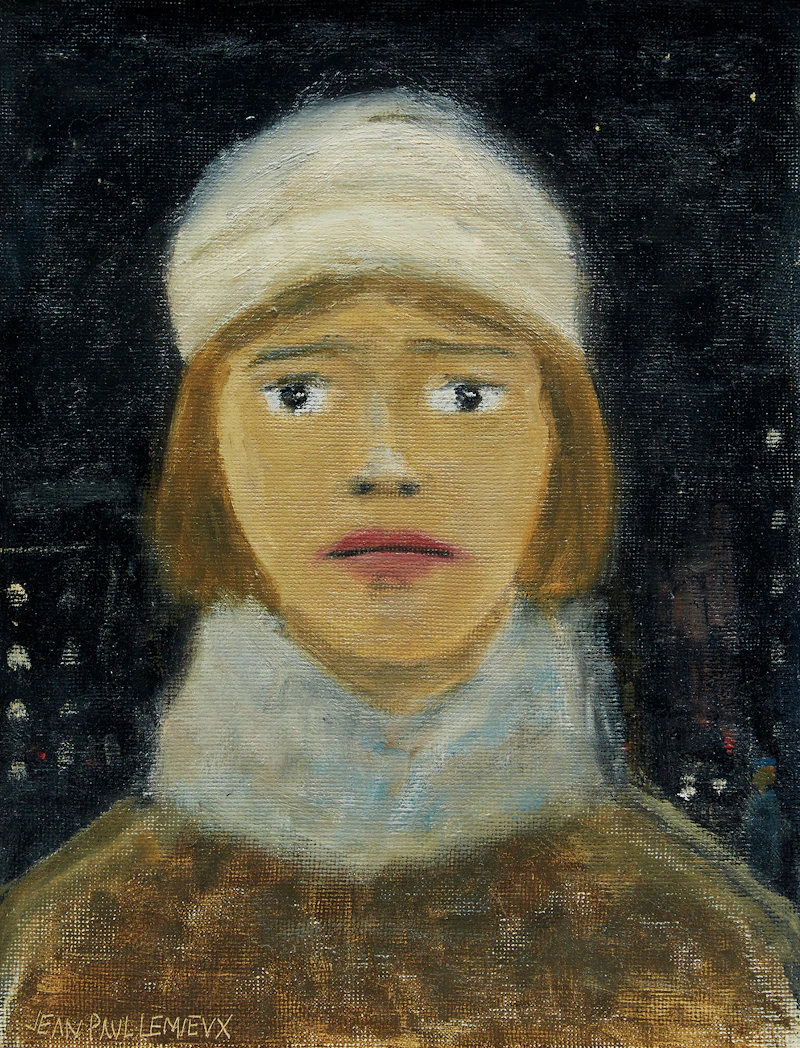 Jean Paul Lemieux, Portrait de femme, oil on textured paper mounted to card