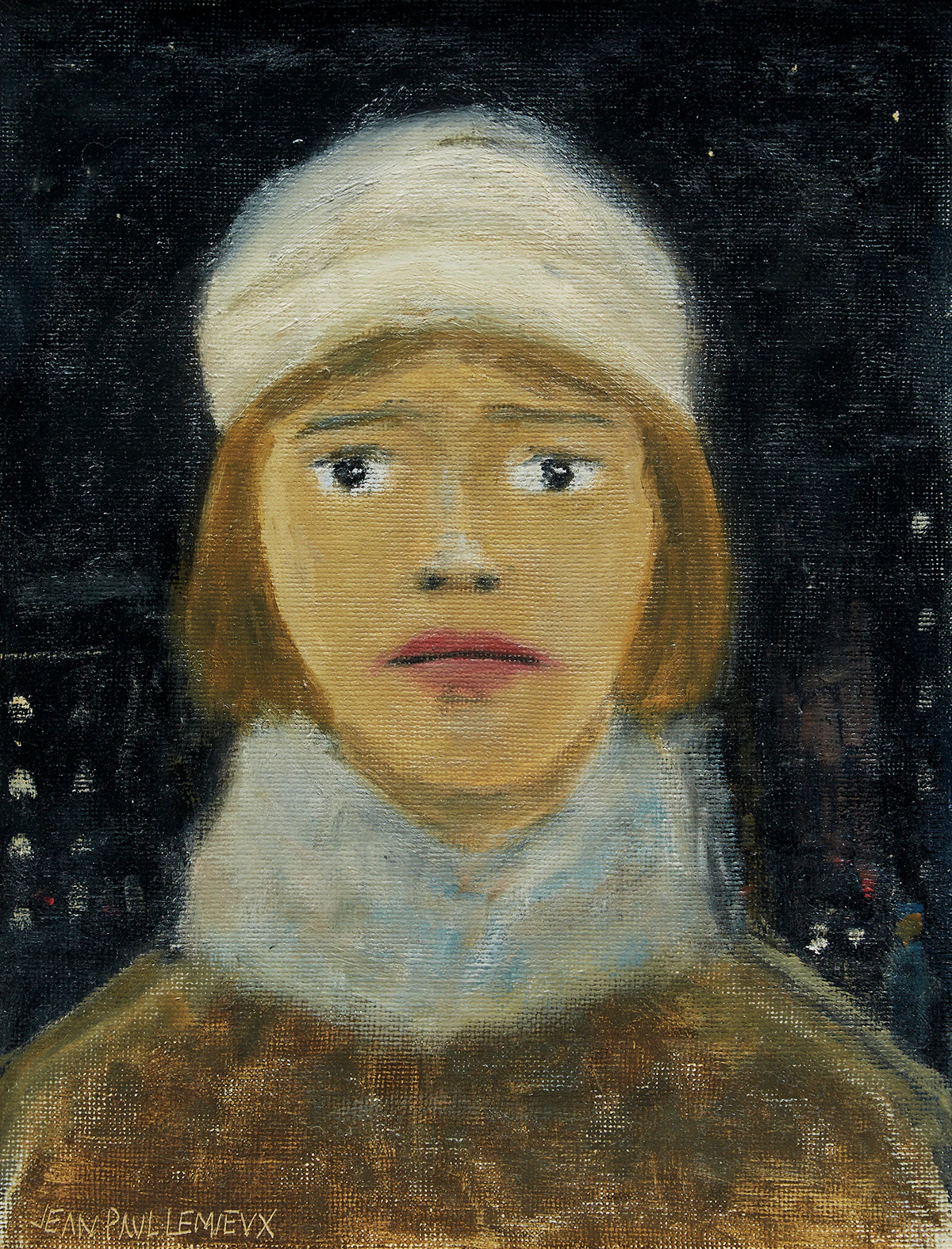 Jean Paul Lemieux, Portrait de femme, oil on textured paper mounted to card