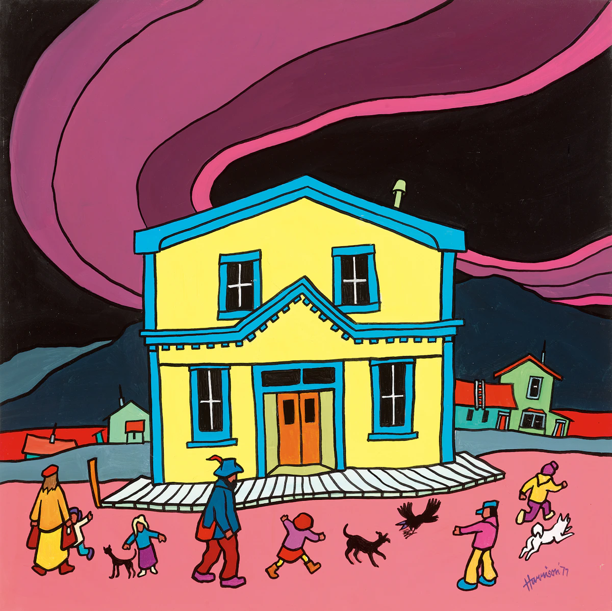 Ted Harrison, Untitled (Houses in a Landscape), acrylic on board, 1977