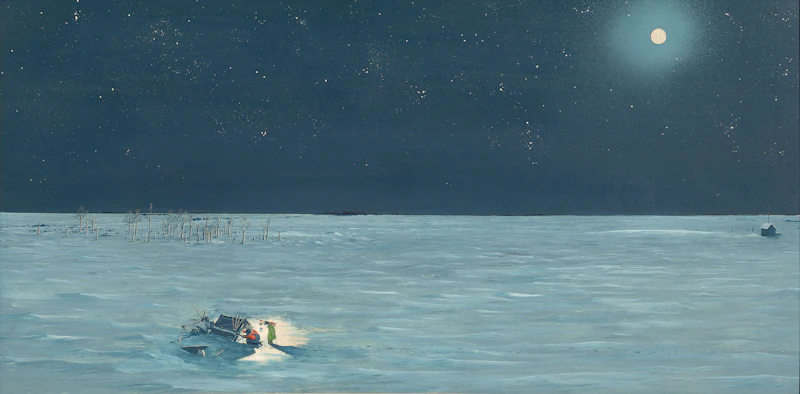 William Kurelek, A Bolt Like That, mixed media on masonite