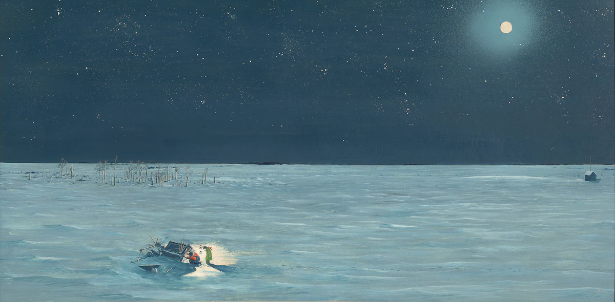 William Kurelek, A Bolt Like That, mixed media on masonite, 1965