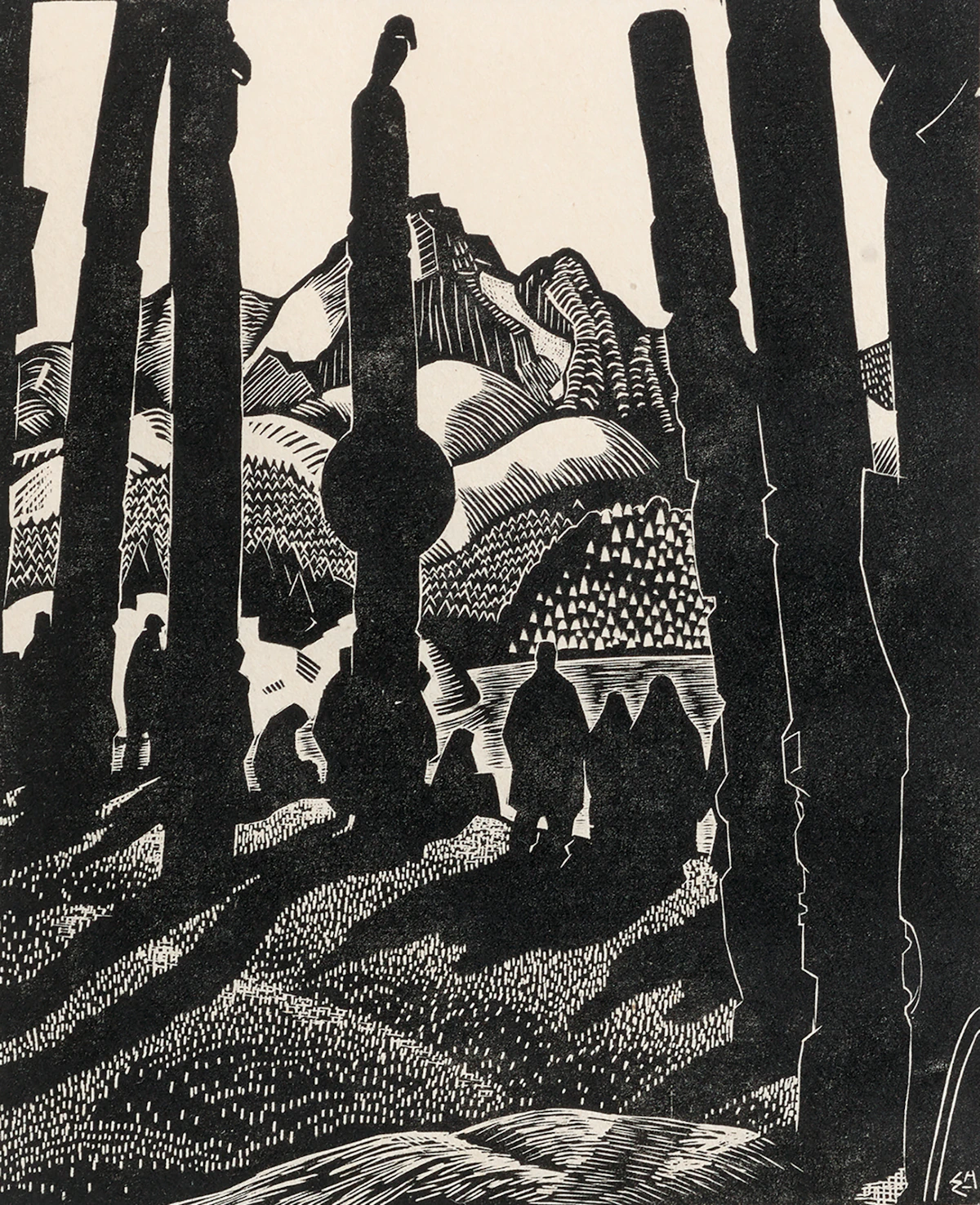 Edwin Headley Holgate, Totem Poles No. 4 (Departing People), 1926 , wood engraving, 1926