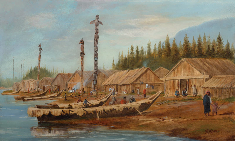 Edward Roper, A Northwest Coast Indian Village, circa 1887, oil and watercolour on paper laid on board