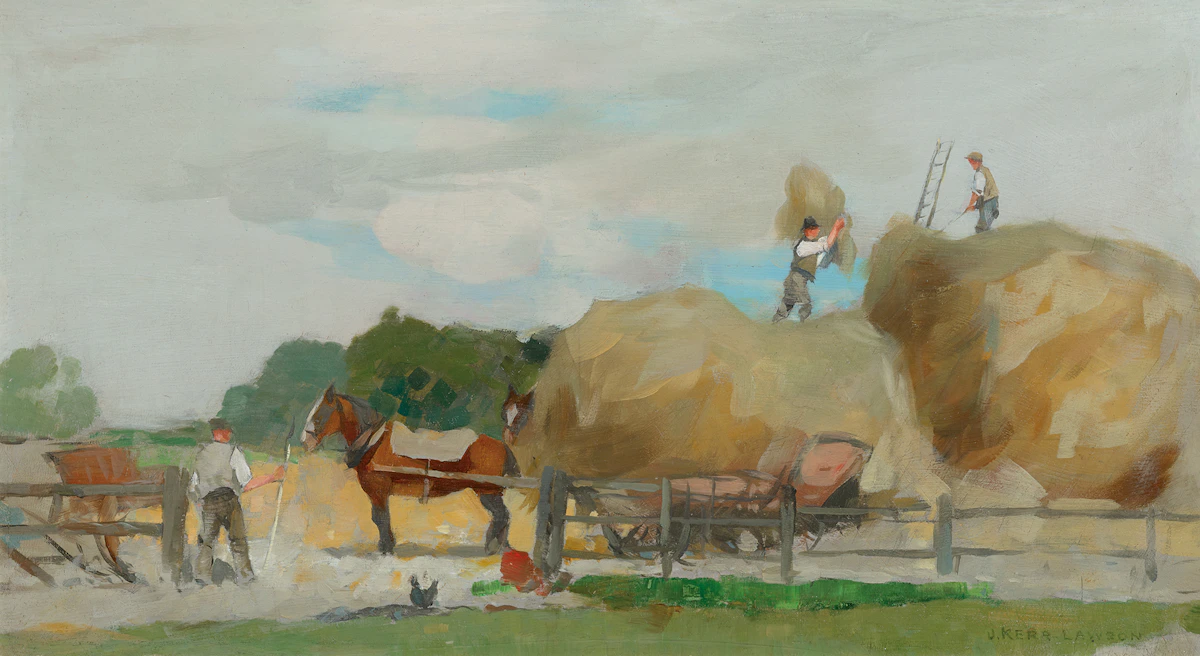 James Kerr-Lawson, Harvesting, circa 1912-13, oil on board, circa 1912-1913