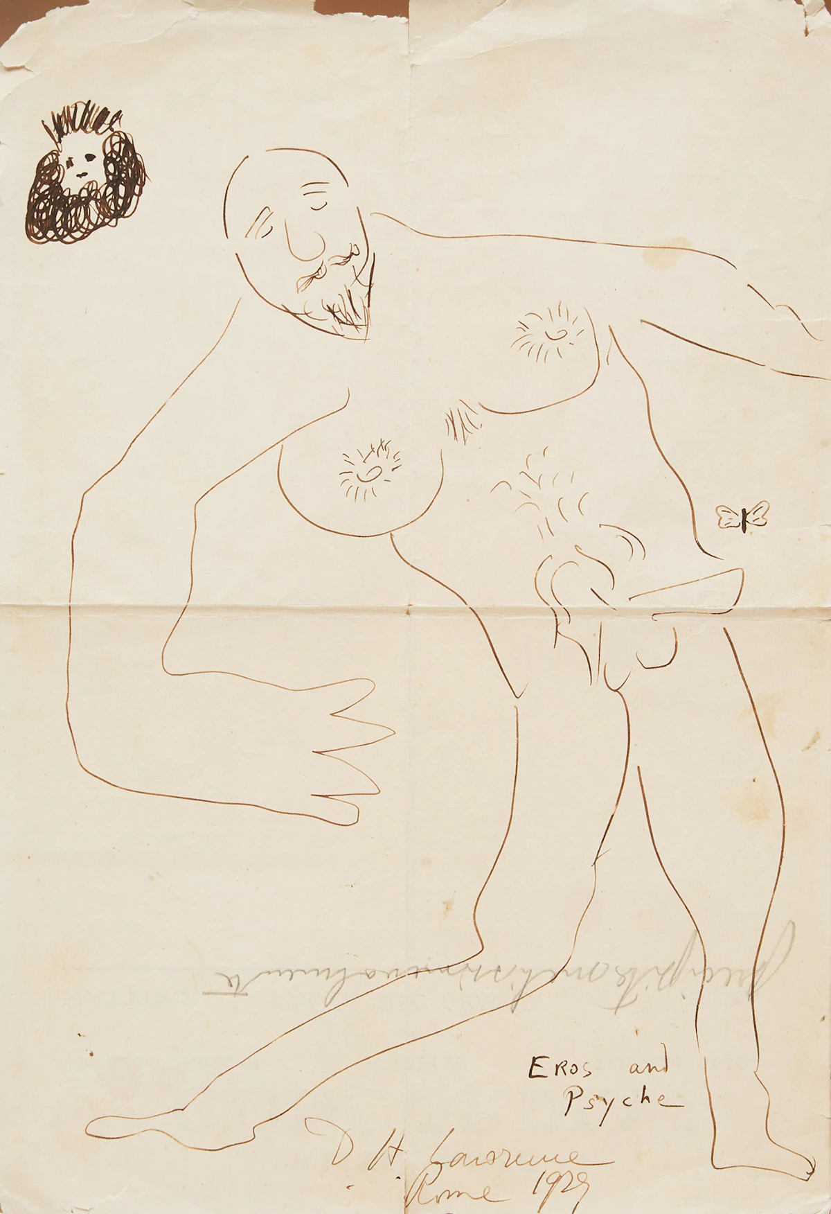 David Herbert Lawrence, Eros and Psyche, ink on a restaurant menu, 1929