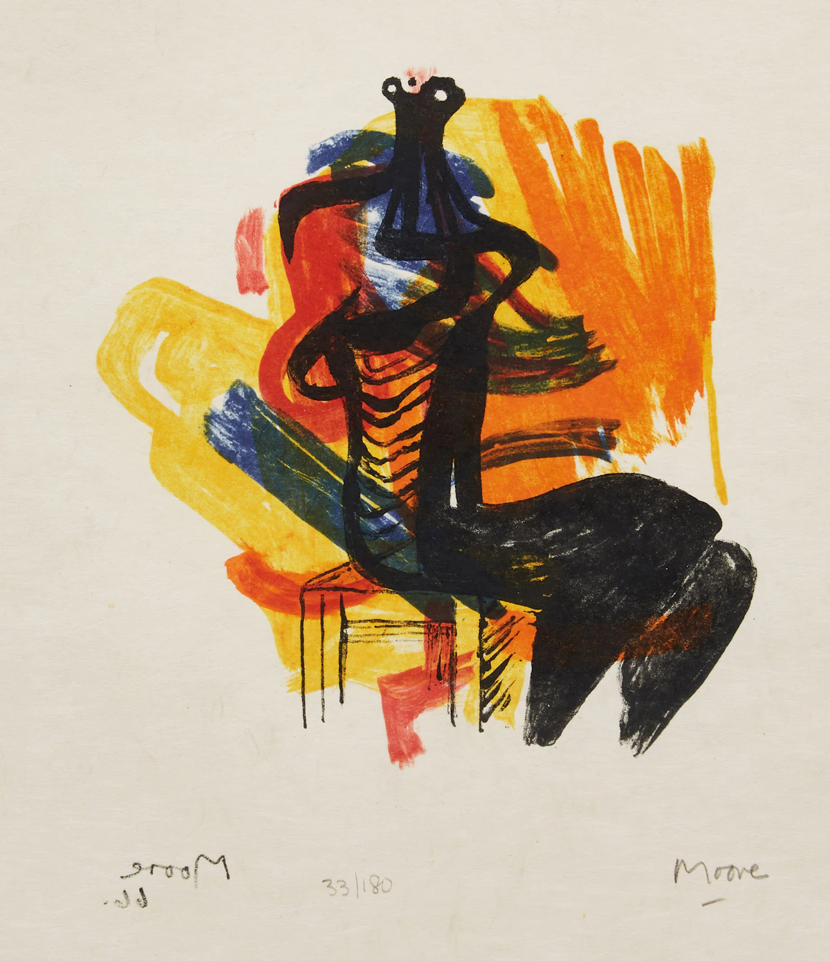 Henry Moore, Black Seated Figure on Orange Background (CGM 80), colour lithograph, 1966