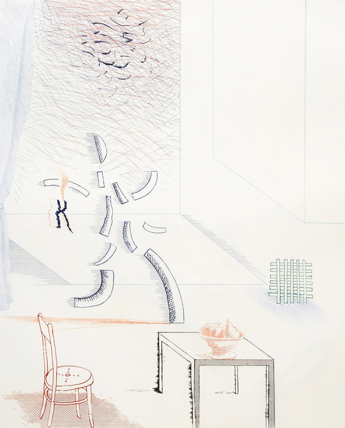 David Hockney, Tick It, Tock It, Turn It True (Pl. 15 from the Blue Guitar) (S.A.C. 213), colour etching and aquatint, 1976-77