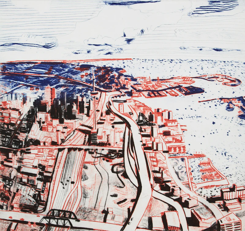 John Hartman, Toronto; Chicago; New York from Above the Williamsburg Bridge; St. Paul’s and the Thames , four drypoint etchings