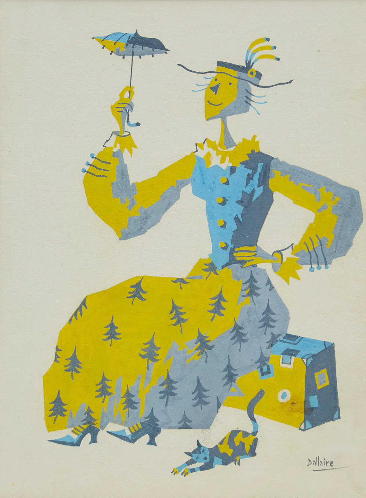 Jean-Philippe Dallaire, Femme avec parasol et chat; Tros chiffres , watercolour; gouache on card