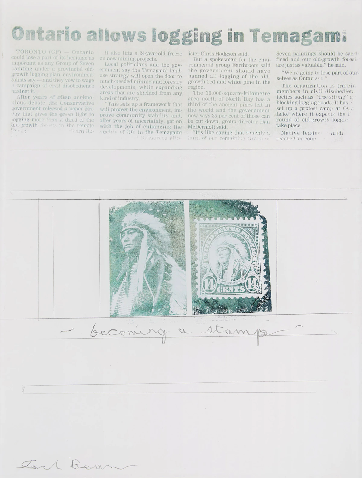 Carl Beam, Becoming a Stamp; Letter to God, 2 mixed media works on plexiglass