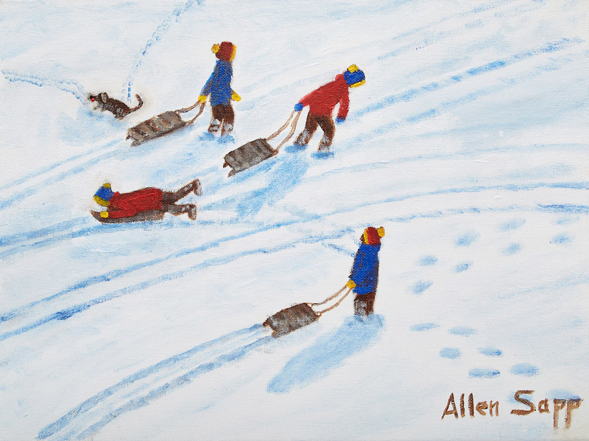 Allen Sapp, Children Sledding , oil on canvas