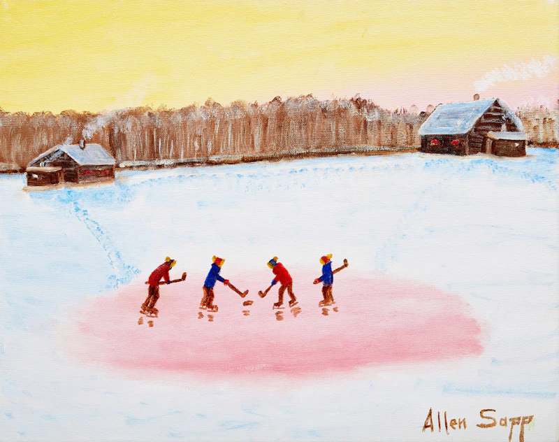 Allen Sapp, Playing Hockey at Sunset, oil on canvas