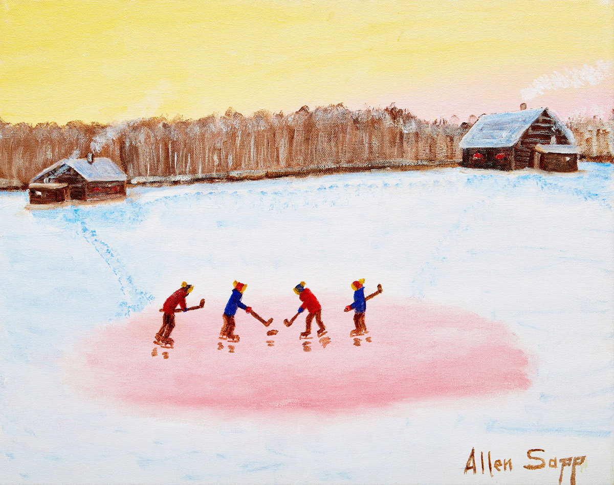 Allen Sapp, Playing Hockey at Sunset, oil on canvas