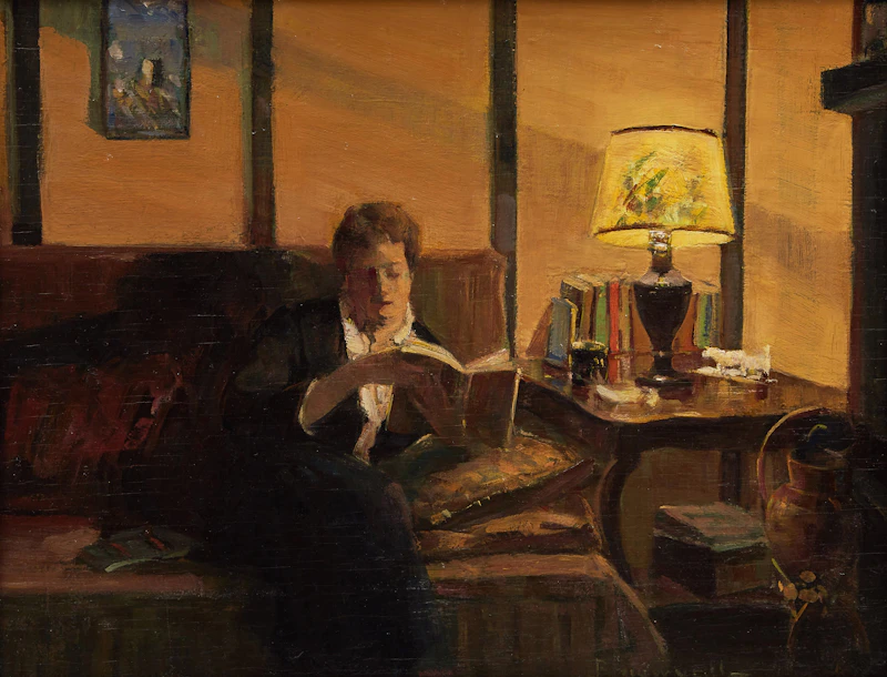 Peleg Franklin Brownell, Woman Reading, oil on board