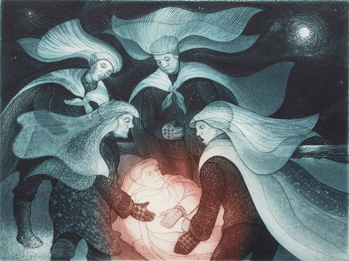 David Lloyd Blackwood, Fallen Mummer on Brookfield Marsh, colour etching and aquatint, 1996