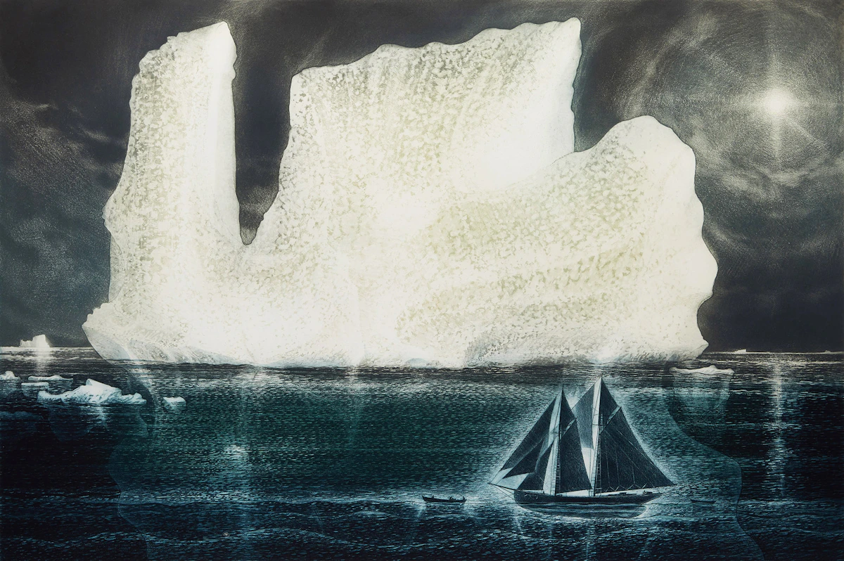 David Lloyd Blackwood, Down on the Labrador: Towing the Nickerson, etching and aquatint in colours, 2004