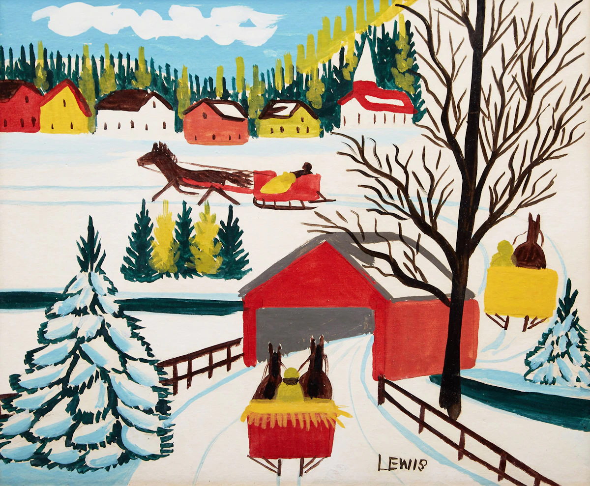 Maud Lewis, Winter Sleighing Scene , mixed media on board